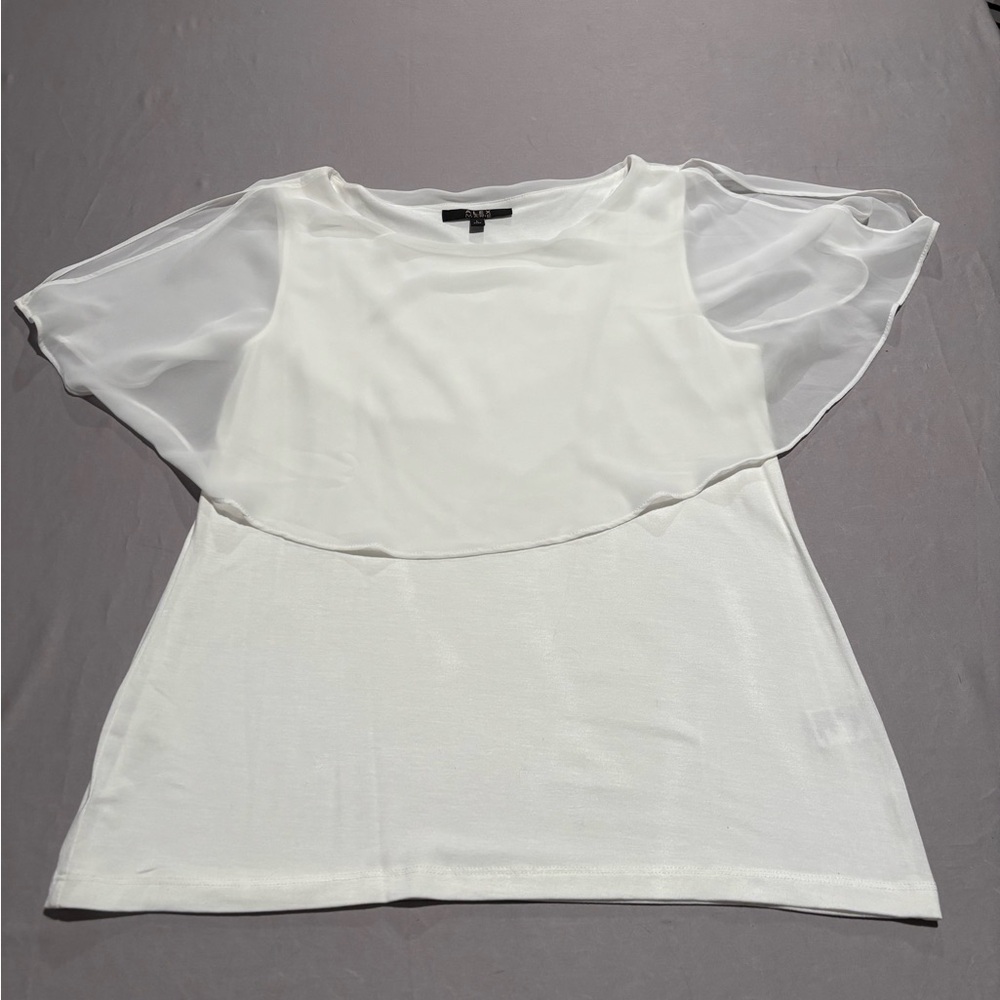 Alex Marie White Flutter Split Sleeve Blouse Top L Chiffon Overlay Modal Stretch